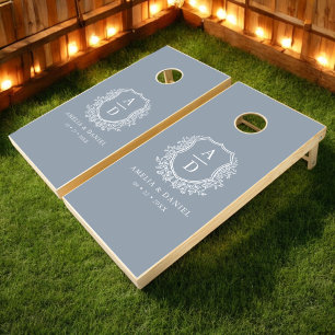 Dusty Blue Crest Modern Monogram Wedding  Cornhole Set