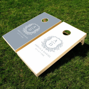 Dusty Blue Crest Modern Monogram Wedding Cornhole Set