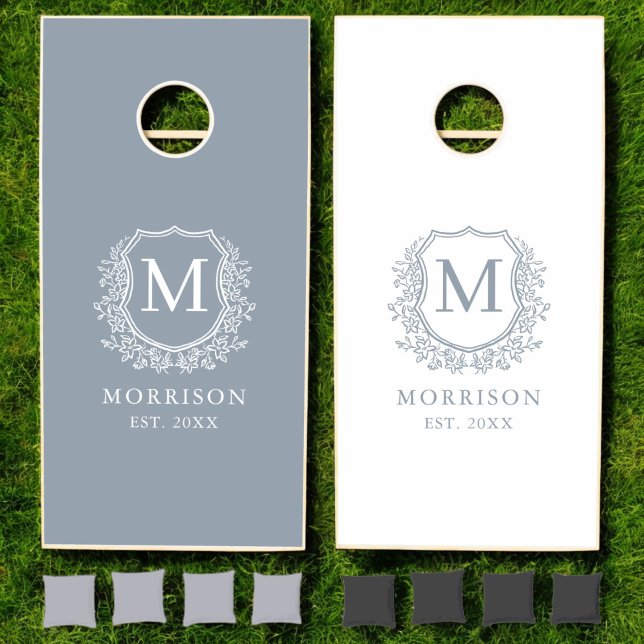 Dusty Blue Crest Modern Monogram Wedding  Cornhole Set (Creator Uploaded)