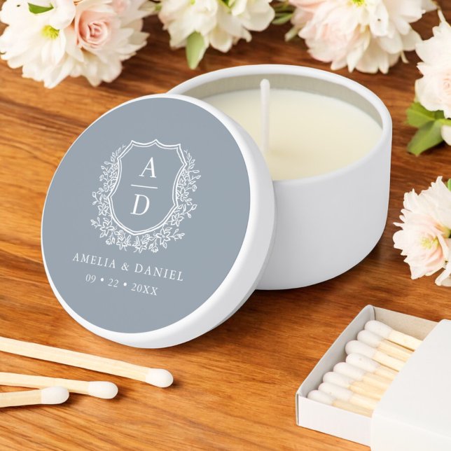 Dusty Blue Crest Modern Monogram Wedding  Mini Candle Favors (Creator Uploaded)