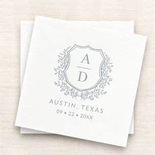 Dusty Blue Crest Modern Monogram Wedding Napkins