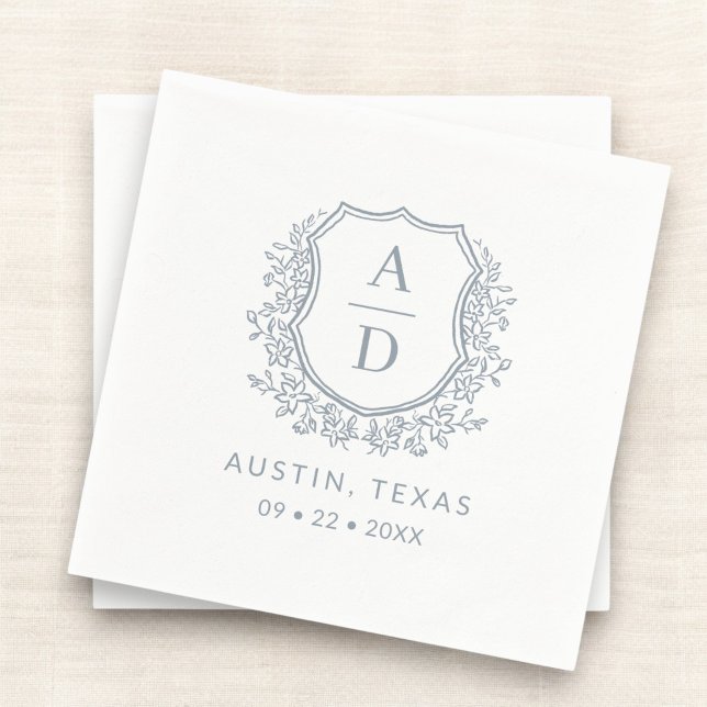 Dusty Blue Crest Modern Monogram Wedding  Napkins (Creator Uploaded)