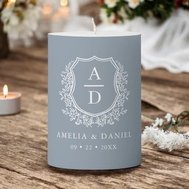 Dusty Blue Crest Modern Monogram Wedding  Pillar Candle (Creator Uploaded)