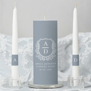 Dusty Blue Crest Modern Monogram Wedding  Unity Candle Set