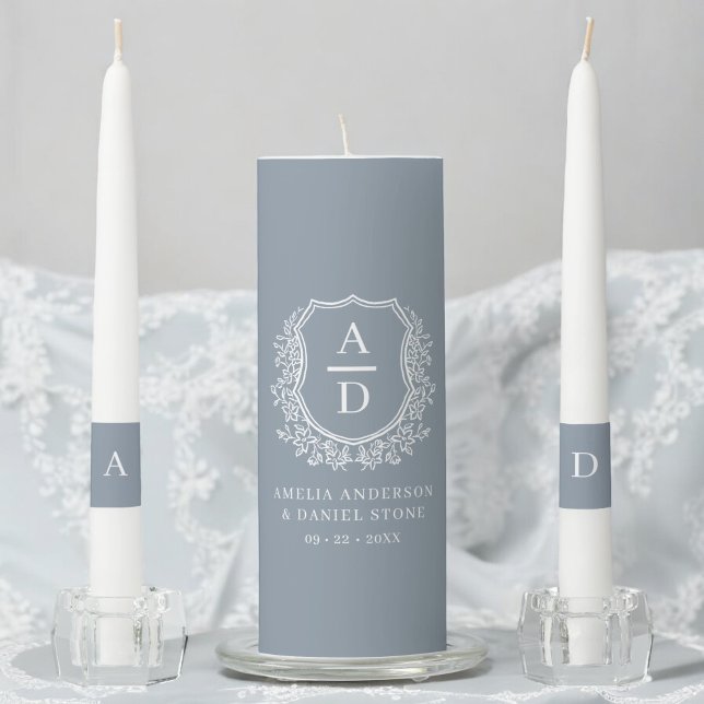 Dusty Blue Crest Modern Monogram Wedding  Unity Candle Set (Creator Uploaded)