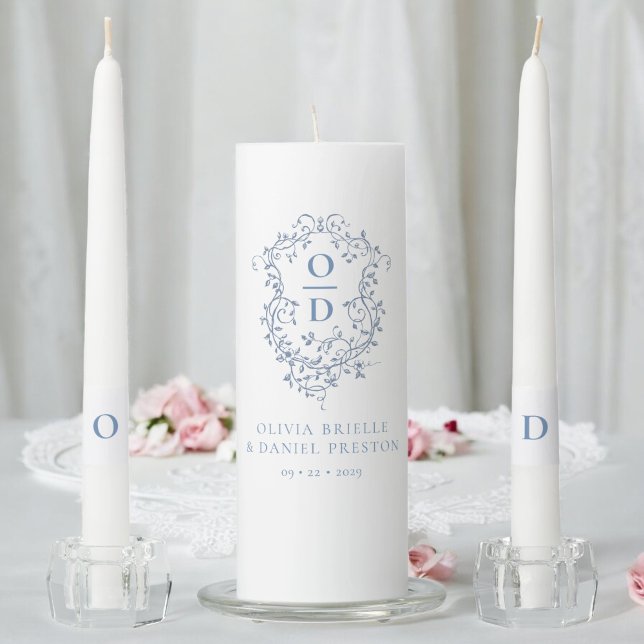 Dusty Blue Crest Modern Monogram Wedding  Unity Candle Set (Creator Uploaded)