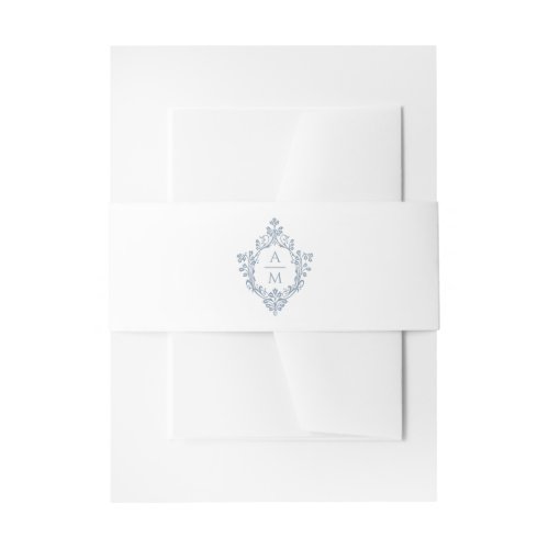 Dusty Blue Crest Monogram 2 Initials Elegant White Invitation Belly Band