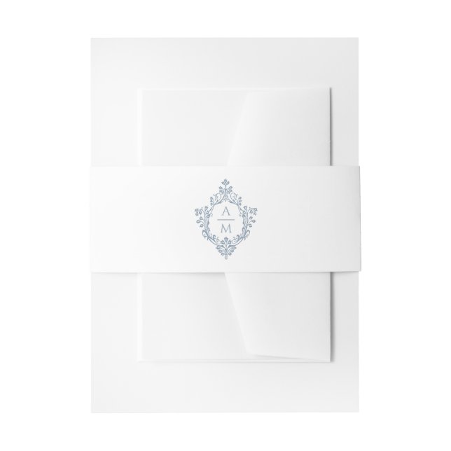 Dusty Blue Crest Monogram 2 Initials Elegant White Invitation Belly Band (Front Example)