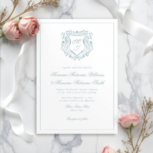 Dusty Blue Crest Monogram Elegant Classy Wedding Invitation