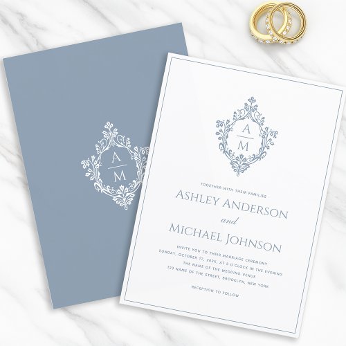 Dusty Blue Crest Monogram Formal Elegant Wedding Invitation