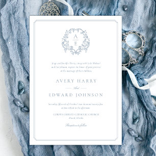 Dusty Blue Crest Monogram Formal Wedding Invitation