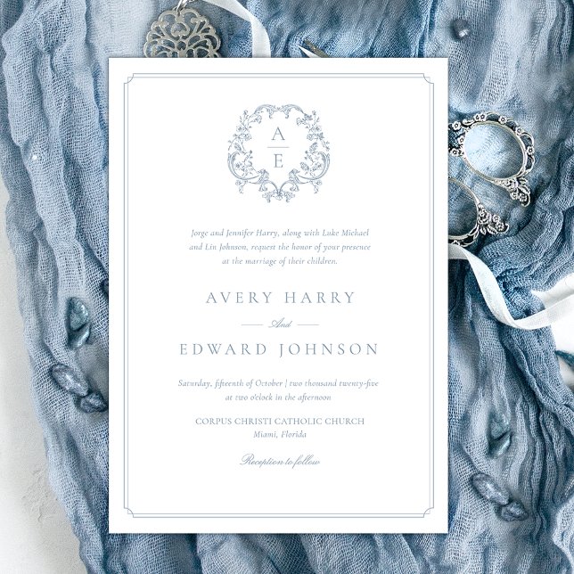 Dusty Blue Crest Monogram Formal Wedding Invitation (Creator Uploaded)
