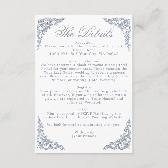 Dusty Blue Crest Monogram Regal Scrollwork Wedding Enclosure Card (Front)
