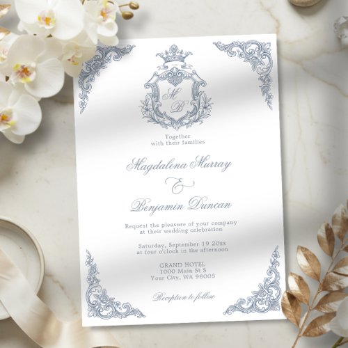 Dusty Blue Crest Monogram Regal Scrollwork Wedding Invitation