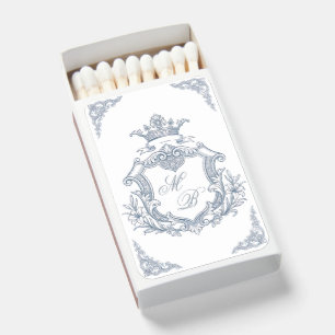 Dusty Blue Crest Monogram Regal Scrollwork Wedding Matchboxes