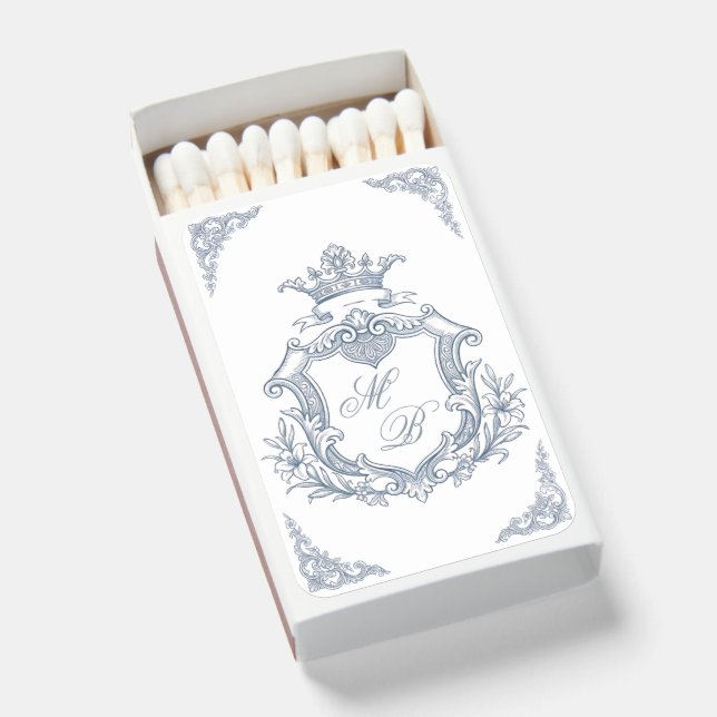 Dusty Blue Crest Monogram Regal Scrollwork Wedding Matchboxes (Front Open)