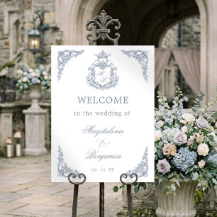 Dusty Blue Crest Monogram Regal Wedding Welcome Foam Board