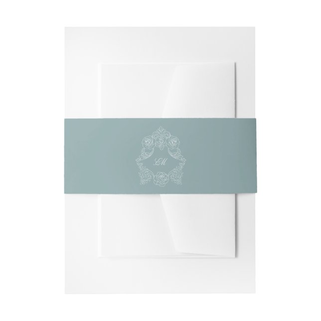 Dusty Blue Crest Monogram Regency Wedding Invitation Belly Band (Front Example)