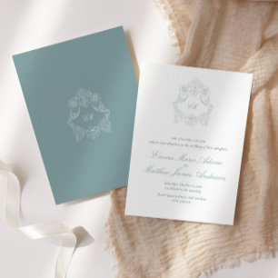 Dusty Blue Crest Monogram Sophisticated Wedding Invitation