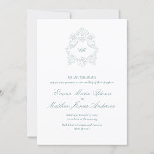 Dusty Blue Crest Monogram Sophisticated Wedding Invitation