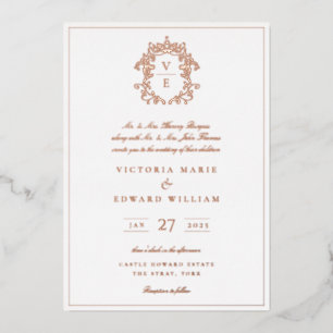 Dusty Blue Crest Monogram Wedding Foil Invitation
