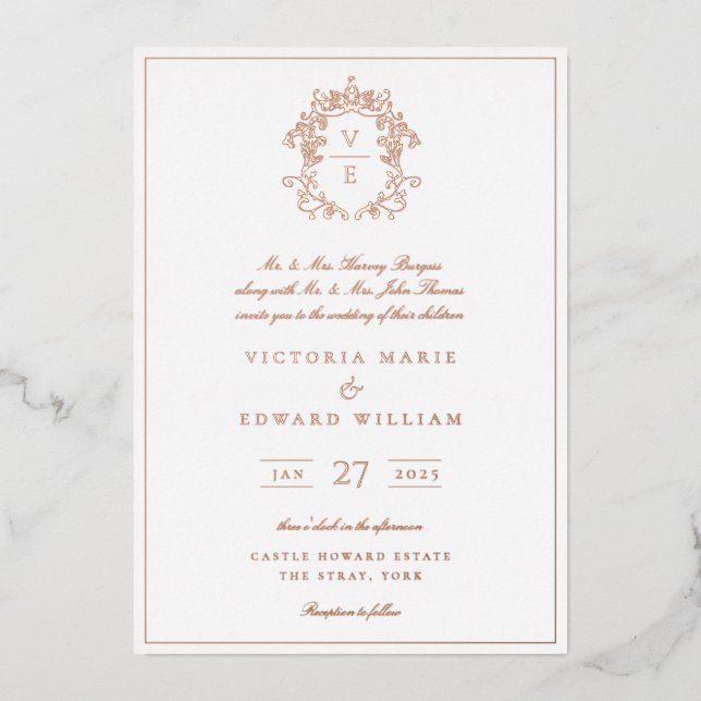 Dusty Blue Crest Monogram Wedding Foil Invitation (Front)