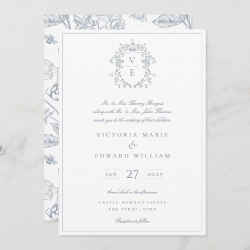 Dusty Blue Crest Monogram Wedding Invitation
