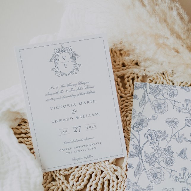 Dusty Blue Crest Monogram Wedding Invitation (Creator Uploaded)