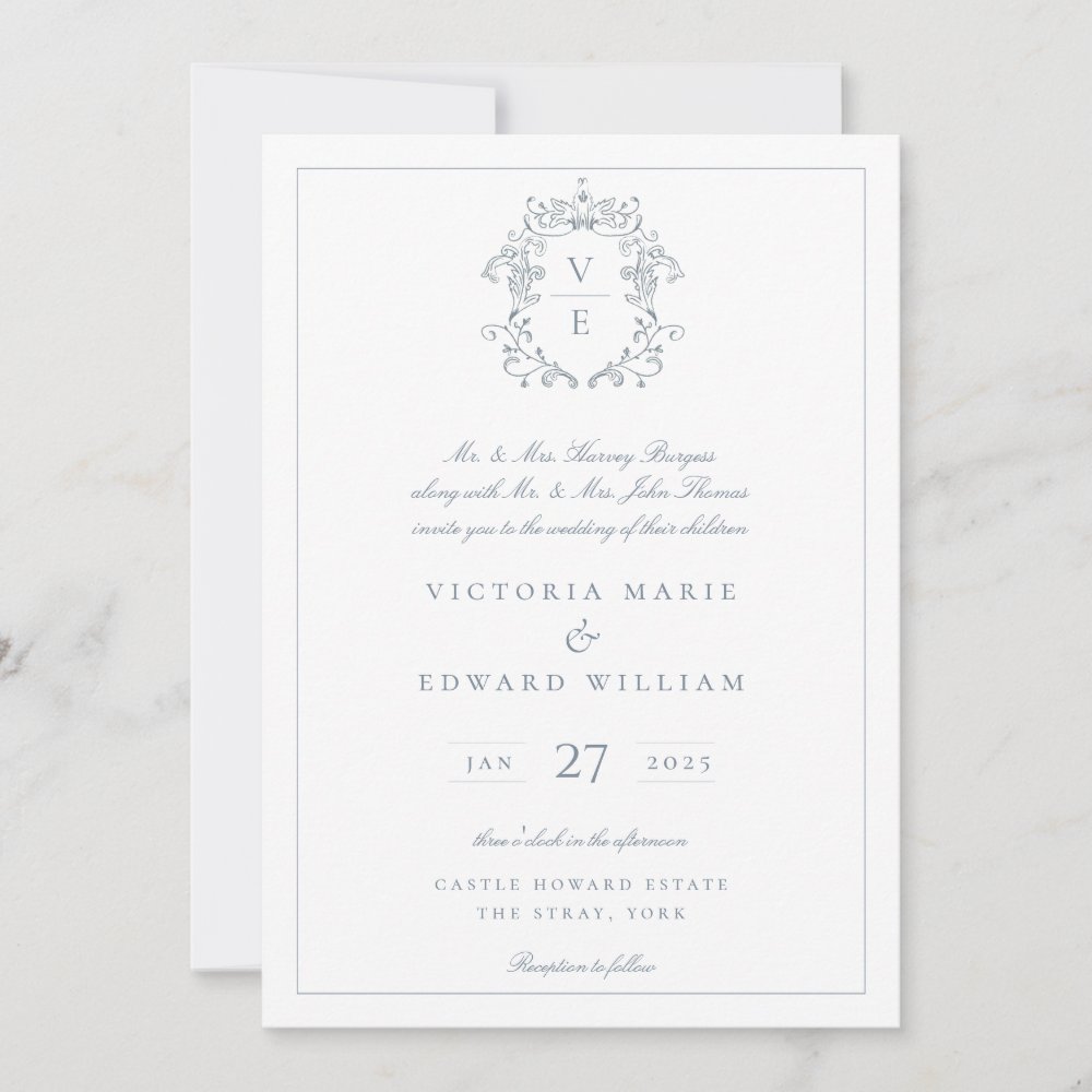 Dusty Blue Crest Monogram Wedding Invitation sold by BilPeterson | SKU ...