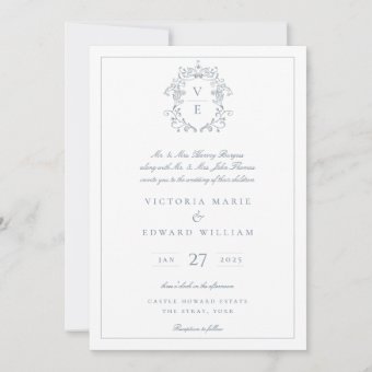 Dusty Blue Crest Monogram Wedding Invitation | Zazzle