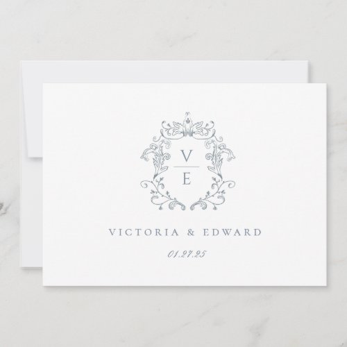 Dusty Blue Crest Monogram Wedding Logo Invitation