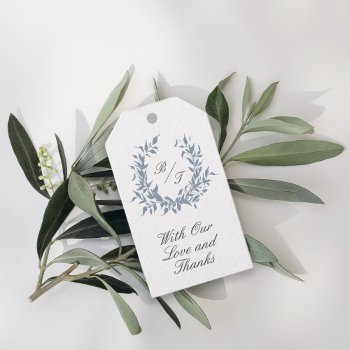 Dusty Blue Crest Monogram Wedding Logo Thank You Gift Tags by Oasis_Landing at Zazzle