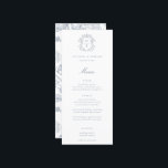 Dusty Blue Crest Monogram Wedding Menu<br><div class="desc">Vintage Dusty Blue Crest monogram,  wedding menu. Vintage inspired Baroque style crest with coordinating blue typography. Features,  elegant Chinoiserie Style garden floral pattern backing.</div>