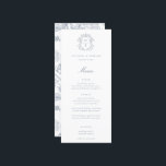Dusty Blue Crest Monogram Wedding Menu<br><div class="desc">Vintage Dusty Blue Crest monogram,  wedding menu. Vintage inspired Baroque style crest with coordinating blue typography. Features,  elegant Chinoiserie Style garden floral pattern backing.</div>