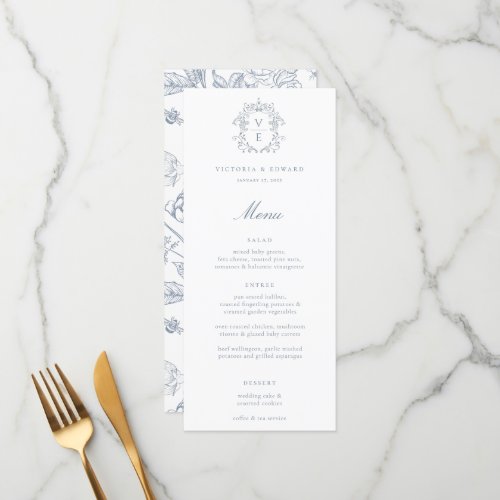 Dusty Blue Crest Monogram Wedding Menu