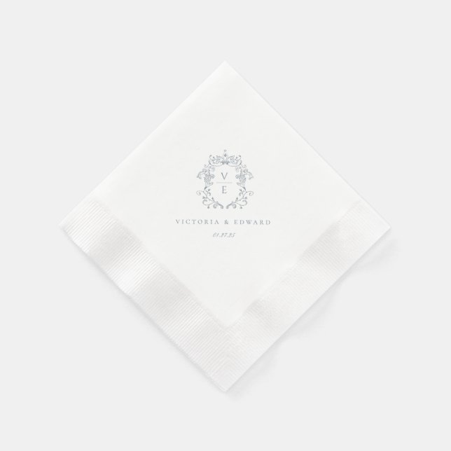 Dusty Blue Crest Monogram Wedding Napkins (Corner)