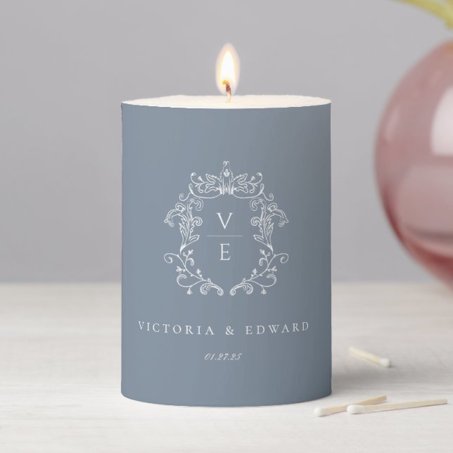 Dusty Blue Crest Monogram Wedding Pillar Candle (In Situ)
