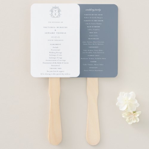 Dusty Blue Crest Monogram Wedding Program Hand Fan