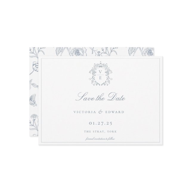 Dusty Blue Crest Monogram Wedding QR Code Save The Date (Front/Back In Situ)