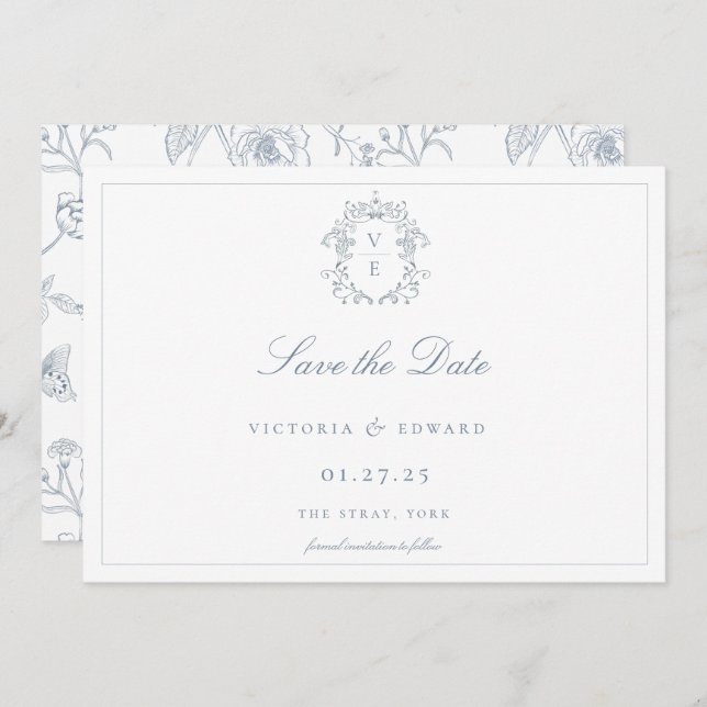 Dusty Blue Crest Monogram Wedding Save The Date (Front/Back)