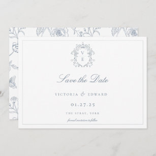 Classic & Traditional Wedding Save the Date with Monogram Crest in Navy Blue  and Gold with Envelope and Guest Addressing — Other Colors!