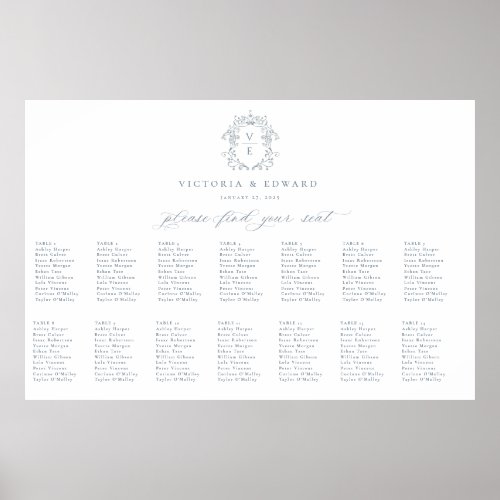 Dusty Blue Crest Monogram Wedding Seating Chart