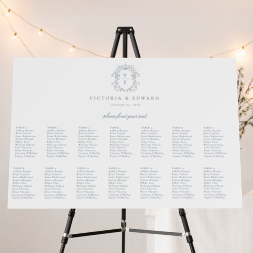 Dusty Blue Crest Monogram Wedding Seating Chart Foam Board