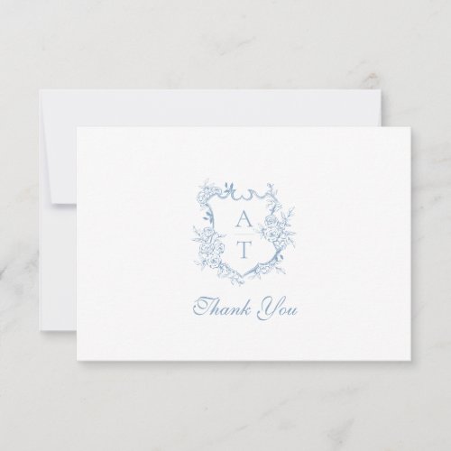 Dusty Blue Crest Monogram Wedding Thank You Card