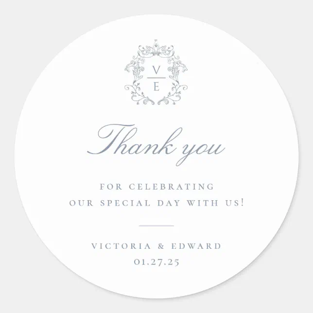 Dusty Blue Crest Monogram Wedding Thank You Classic Round Sticker | Zazzle