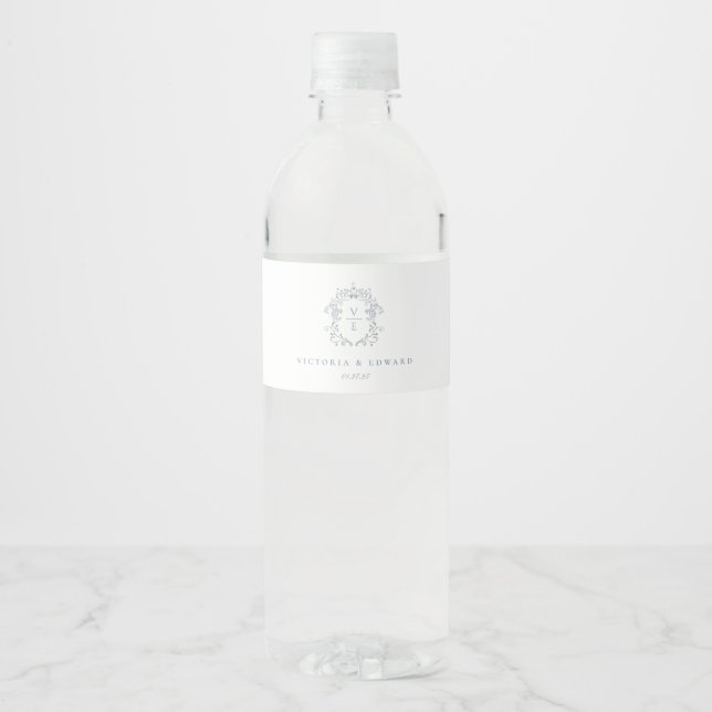 Dusty Blue Crest Monogram Wedding Water Bottle Label (Front)