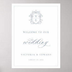 Dusty Blue Crest Monogram Wedding Welcome Poster