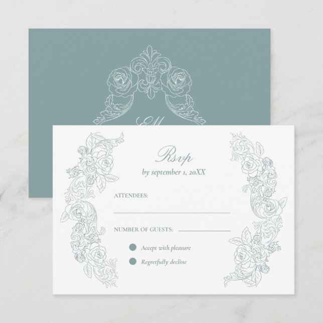 Dusty Blue Crest Regency Wedding RSVP Card (Front/Back)