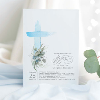 Dusty Blue Cross And Sage Greenery Elegant Baptism Invitation by lovelywow at Zazzle