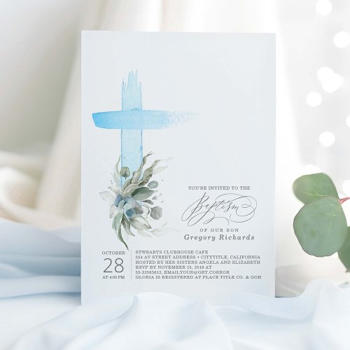 Dusty Blue Cross and Sage Greenery Elegant Baptism Invitation
